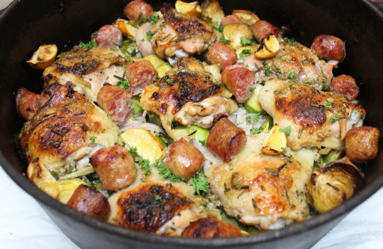 One Skillet Chicken w/Sweet   Italian Sausage & Brussel Sprouts